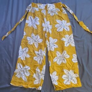 Yellow Floral Print Wide Leg Cotton Pants with Waist Tie